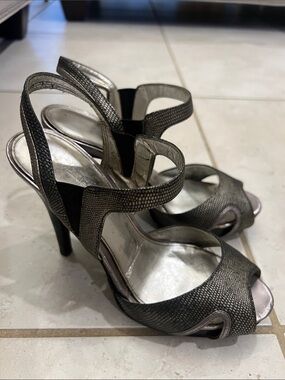 Calvin Klein Metallic Silver Textured Strappy High Heels